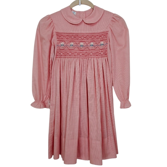 Yvonne Denise Vintage Long Sleeve Gingham Check Smocked Dress in Pink Size 7 - Picture 1 of 11